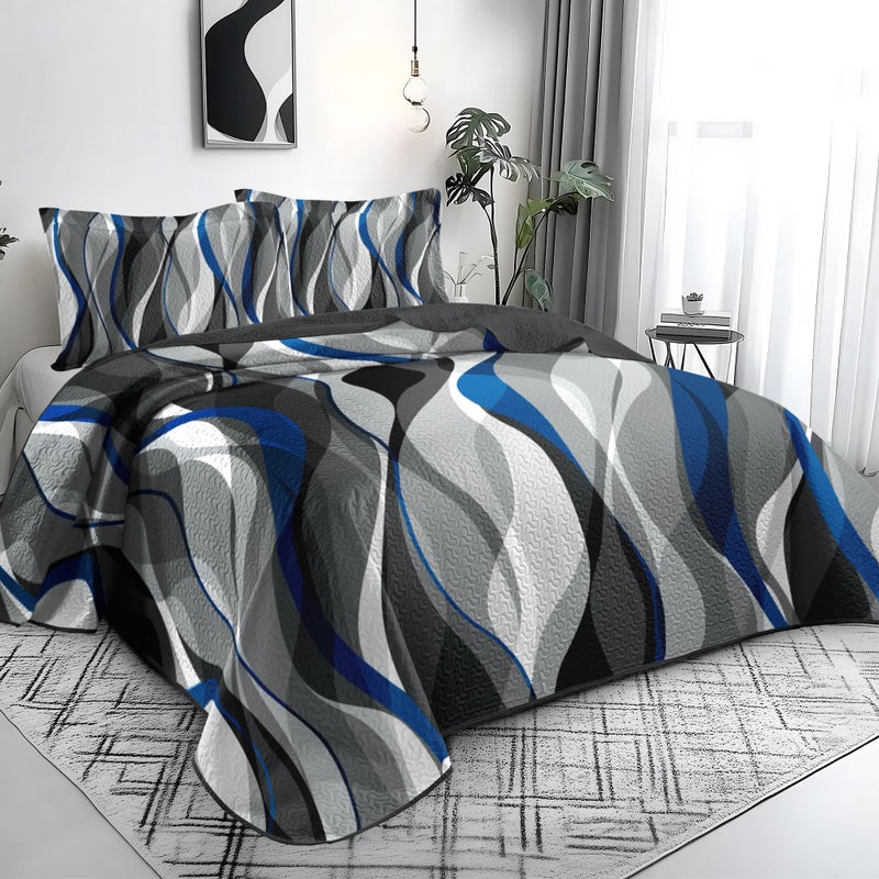 weesire Classic Line Pattern Bedding Quilt King Size Modern Grey Blue and White Stripe Quilt with 2 Shams  Gray and Blue Comforter Sets Lightweight Breathable Bedspreads Coverlet  96''x106'' - Image 2